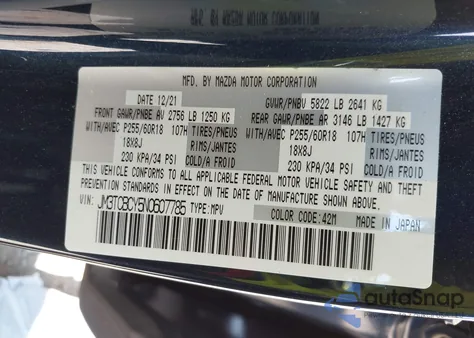 2022 Mazda Cx-9 Touring из США, поврежденный, VIN JM3TCBCY5N0607785